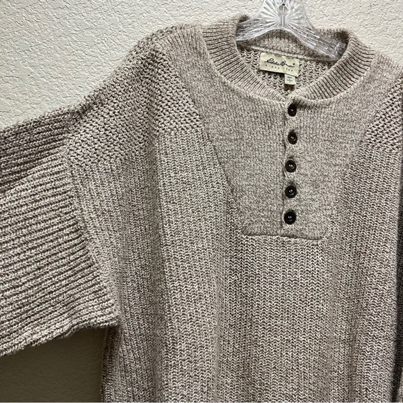 Vintage Eddie Bauer Henley Sweater Large Oatmeal - Picture 5 of 6